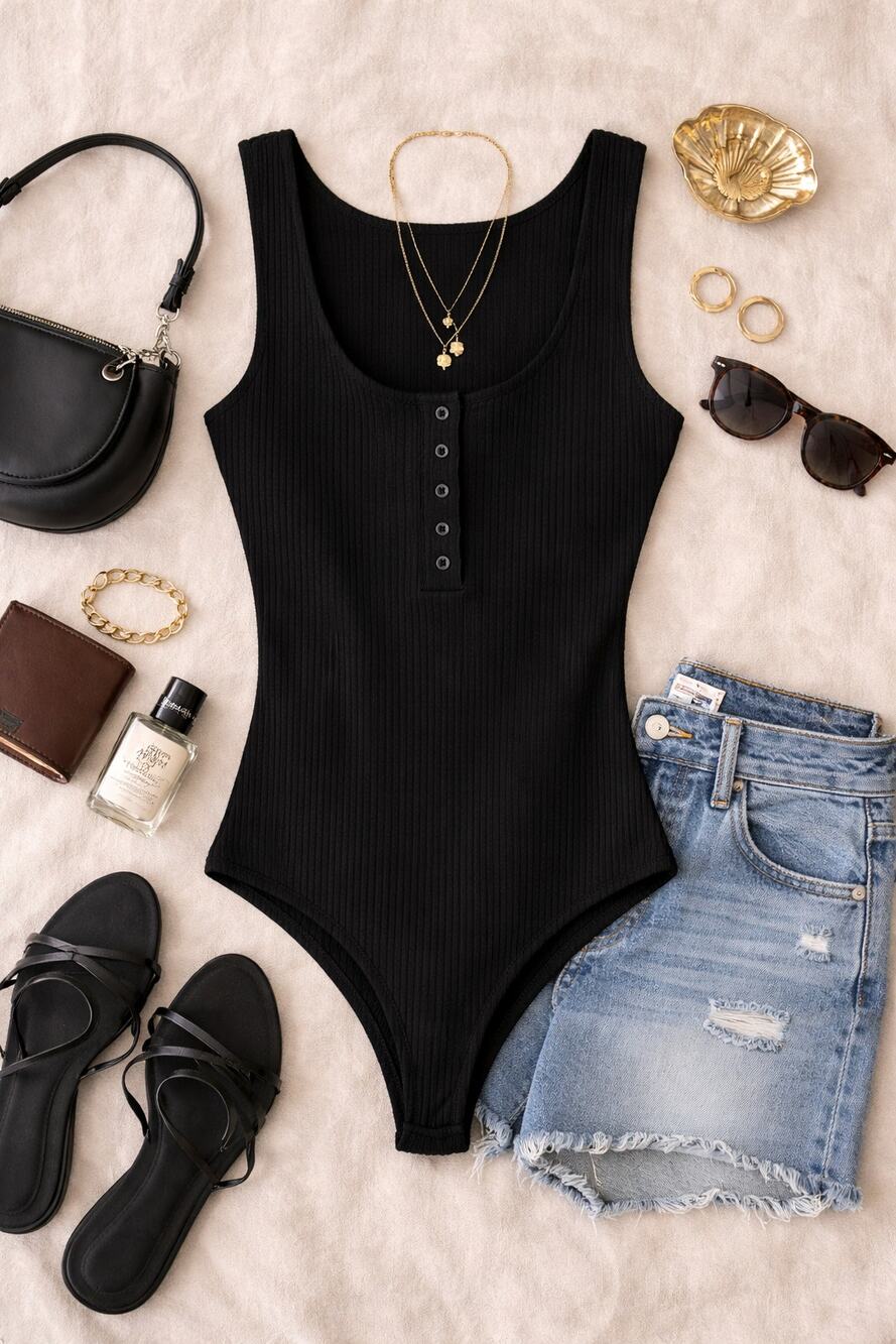 Missguided Women's Ribbed Henley Bodysuit Black Sleeveless Snap Front Size US 12